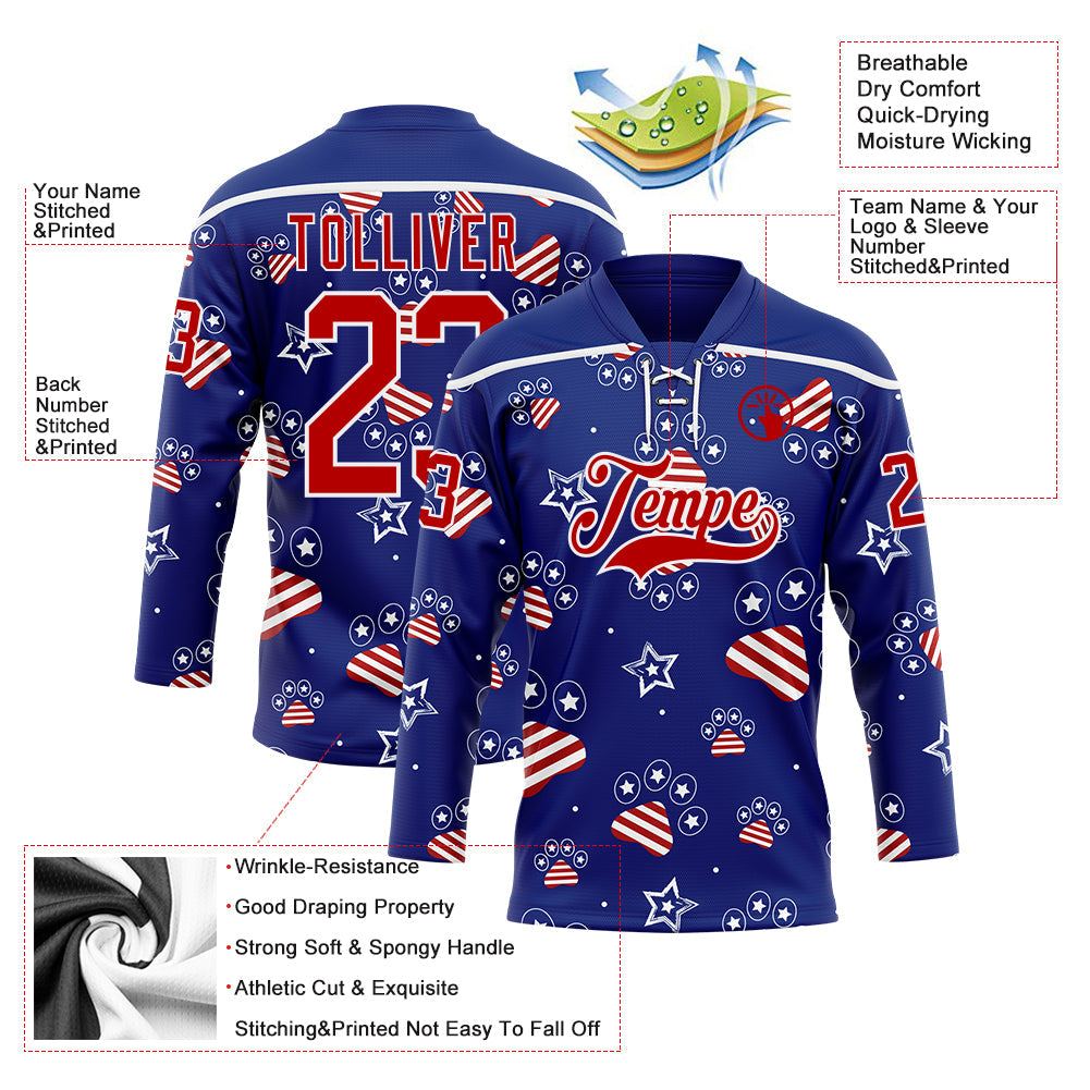 Custom Royal Red-White American Flag Hockey Lace Neck Jersey view 5