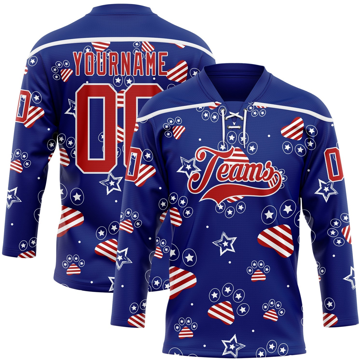 Custom Royal Red-White American Flag Hockey Lace Neck Jersey - Main View