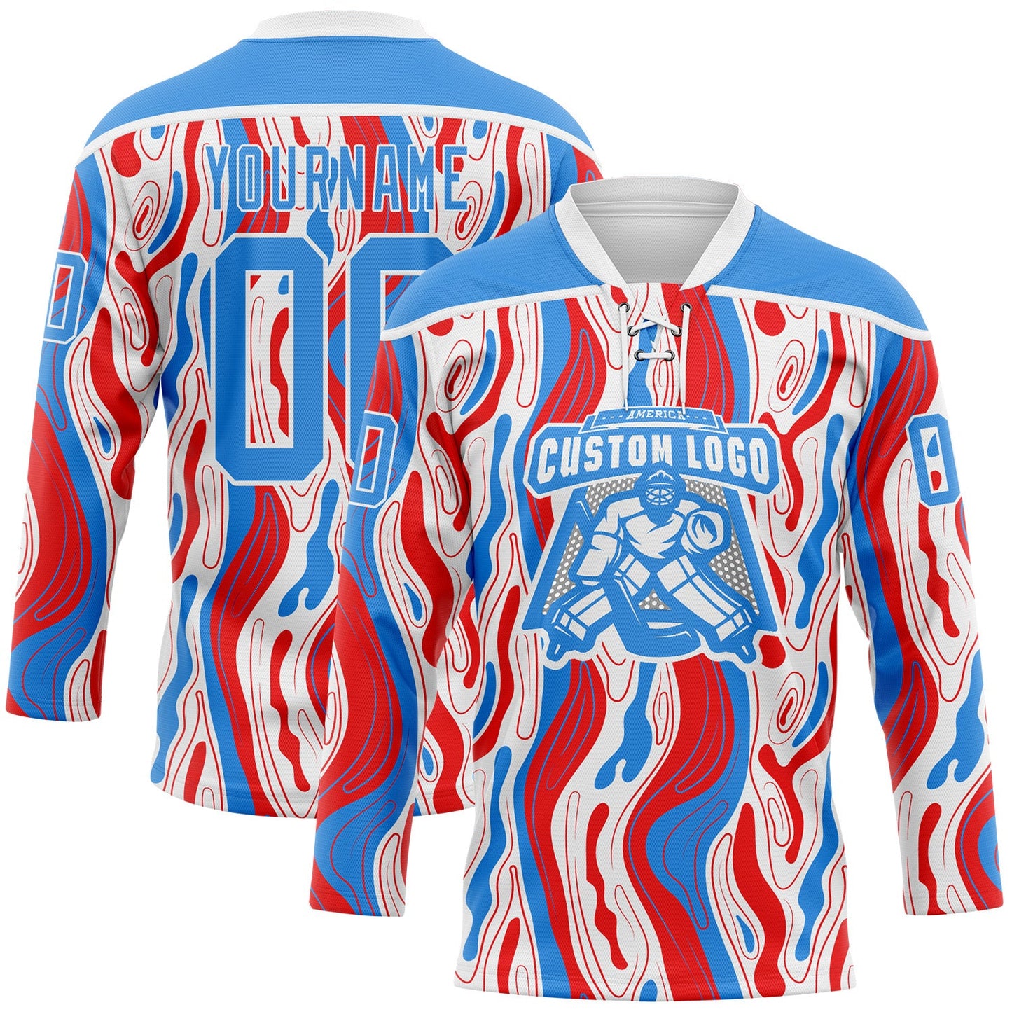 Custom White Powder Blue-Red American Flag Hockey Lace Neck Jersey view 2