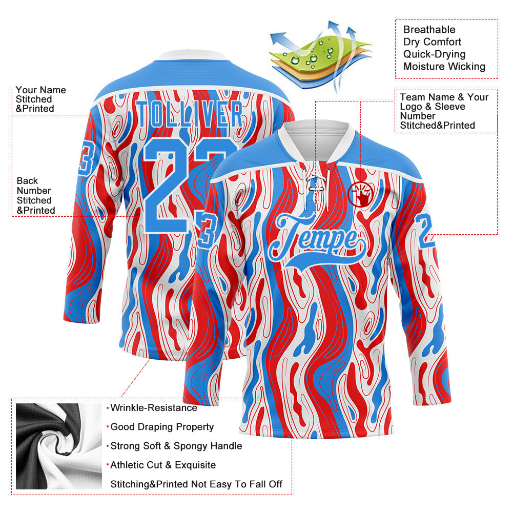Custom White Powder Blue-Red American Flag Hockey Lace Neck Jersey view 5
