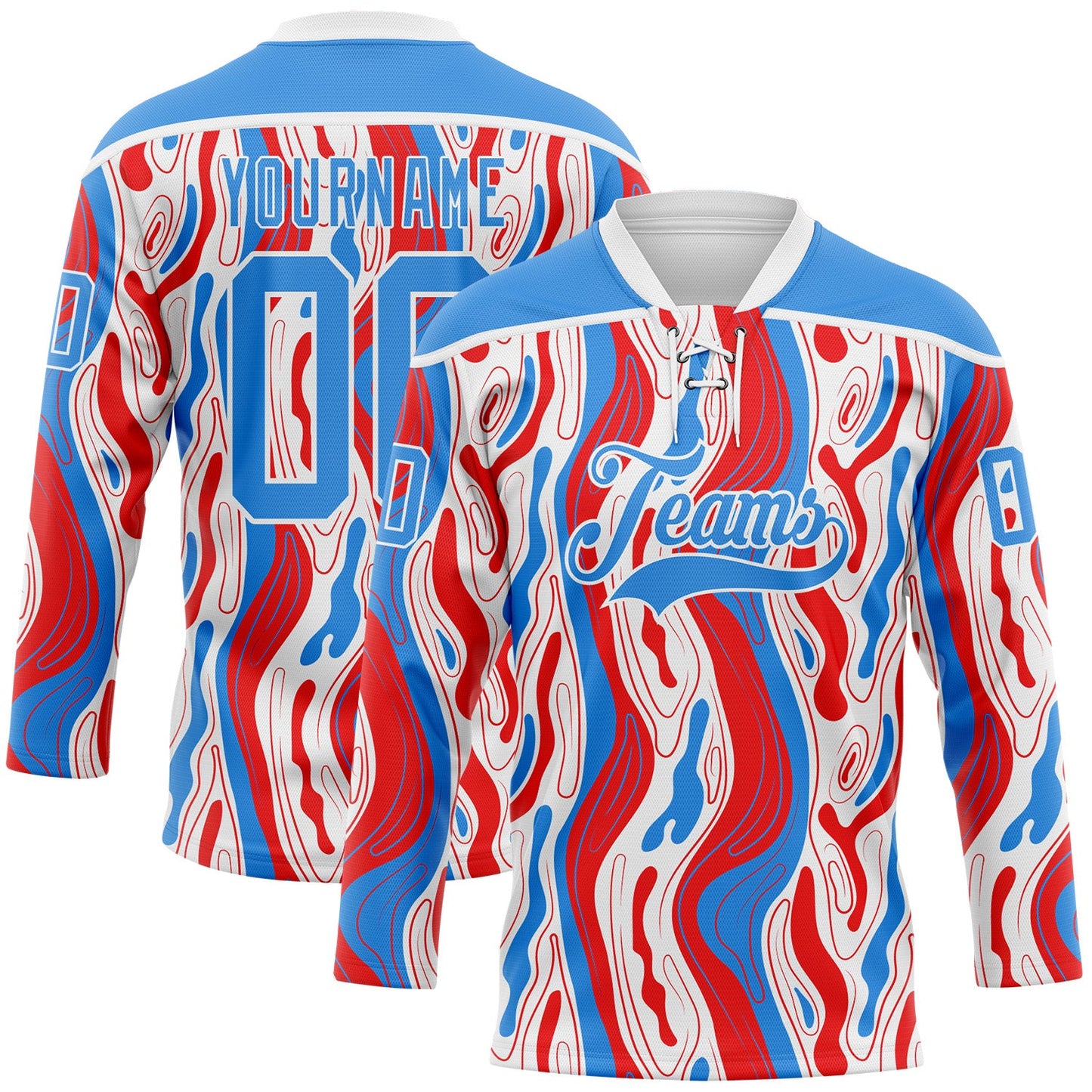 Custom White Powder Blue-Red American Flag Hockey Lace Neck Jersey - Main View