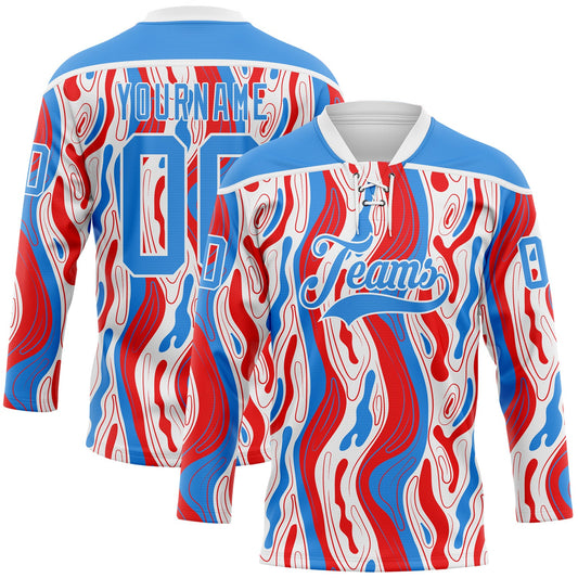 Custom White Powder Blue-Red American Flag Hockey Lace Neck Jersey - Main View