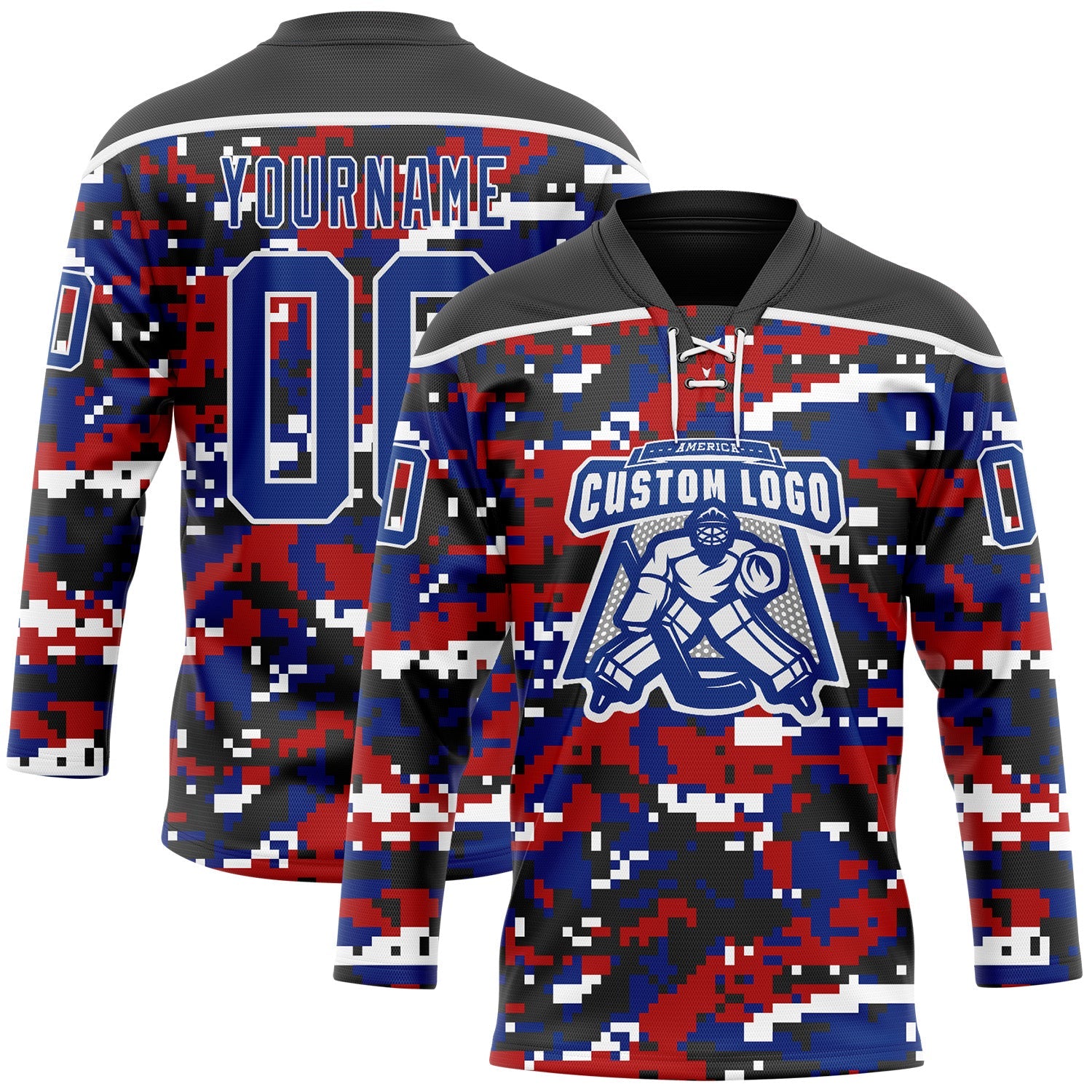 Custom Camo Royal Black-White American Flag Digital Camouflage Hockey Lace Neck Jersey view 2