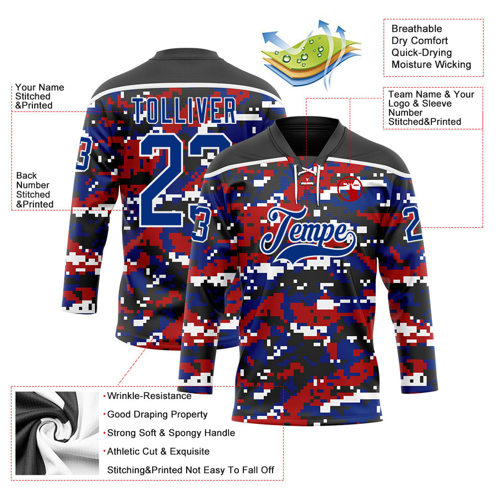 Custom Camo Royal Black-White American Flag Digital Camouflage Hockey Lace Neck Jersey view 5