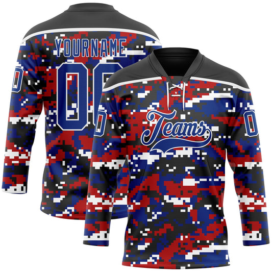 Custom Camo Royal Black-White American Flag Digital Camouflage Hockey Lace Neck Jersey - Main View