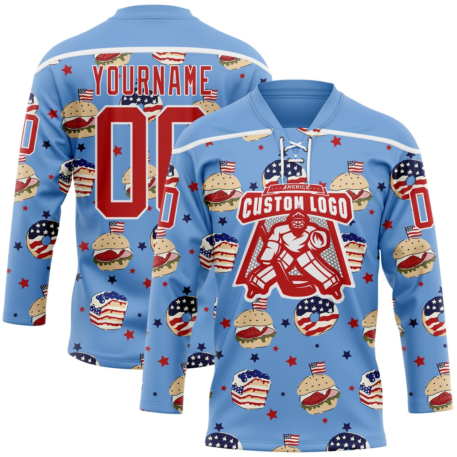 Custom Light Blue Red-White American Flag Hockey Lace Neck Jersey view 2