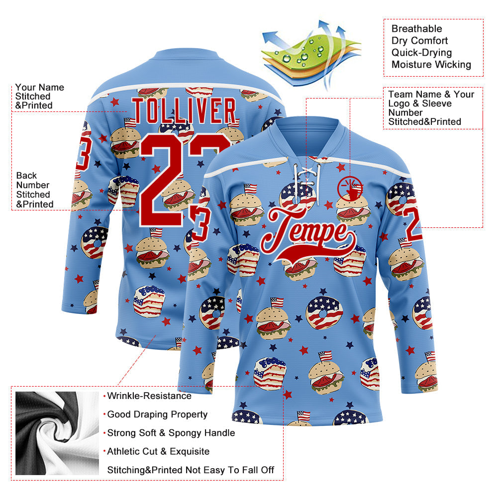 Custom Light Blue Red-White American Flag Hockey Lace Neck Jersey view 5