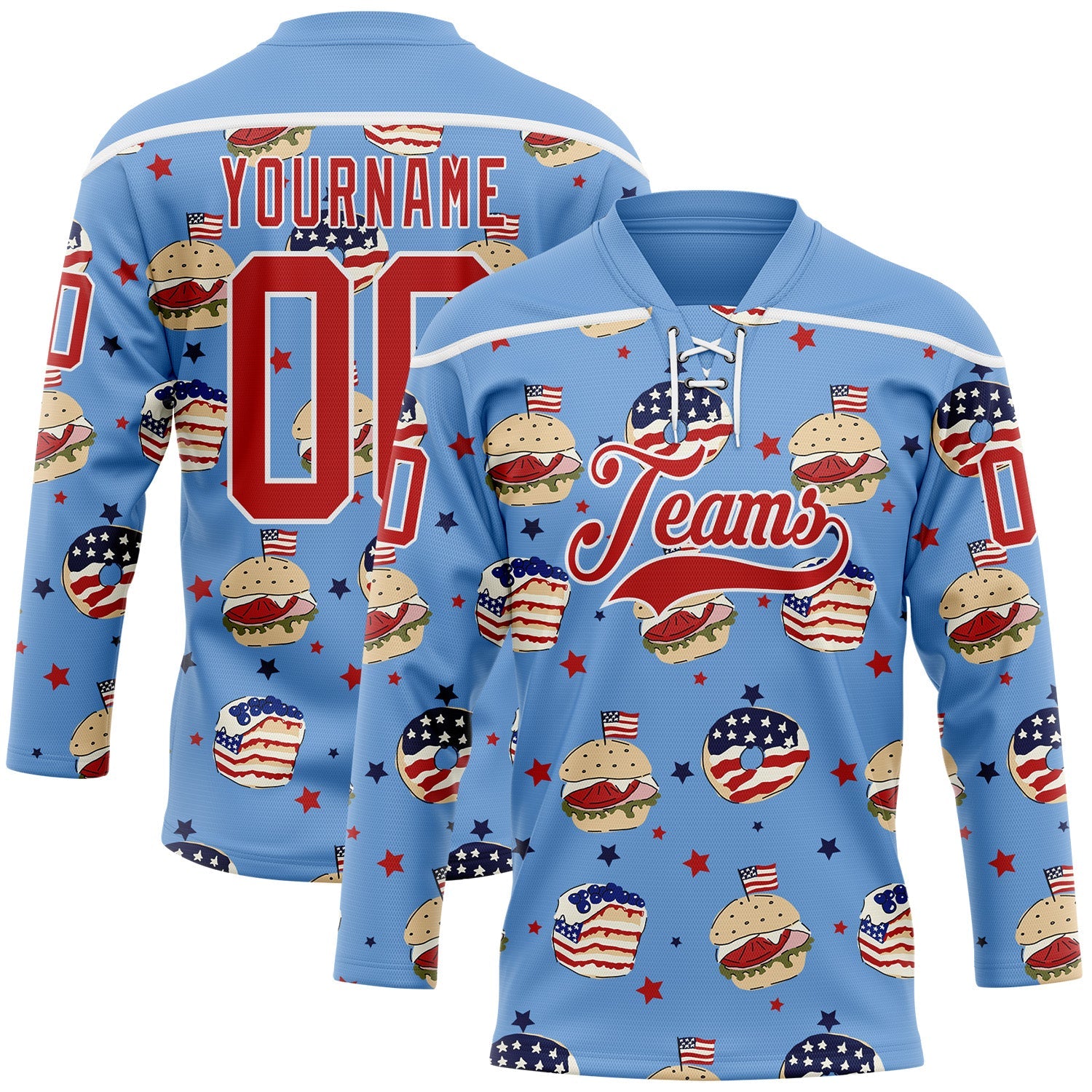 Custom Light Blue Red-White American Flag Hockey Lace Neck Jersey - Main View
