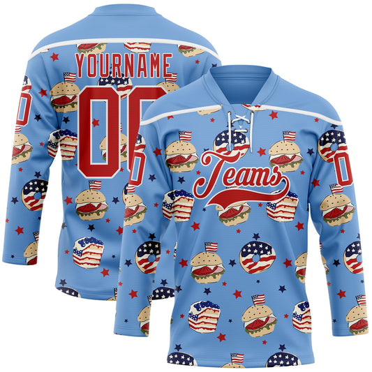 Custom Light Blue Red-White American Flag Hockey Lace Neck Jersey - Main View