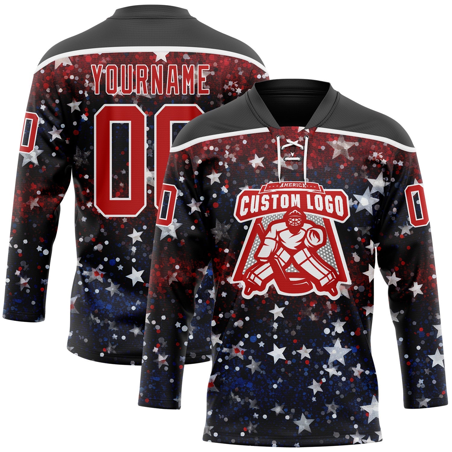 Custom Black Red-White American Flag Hockey Lace Neck Jersey view 2