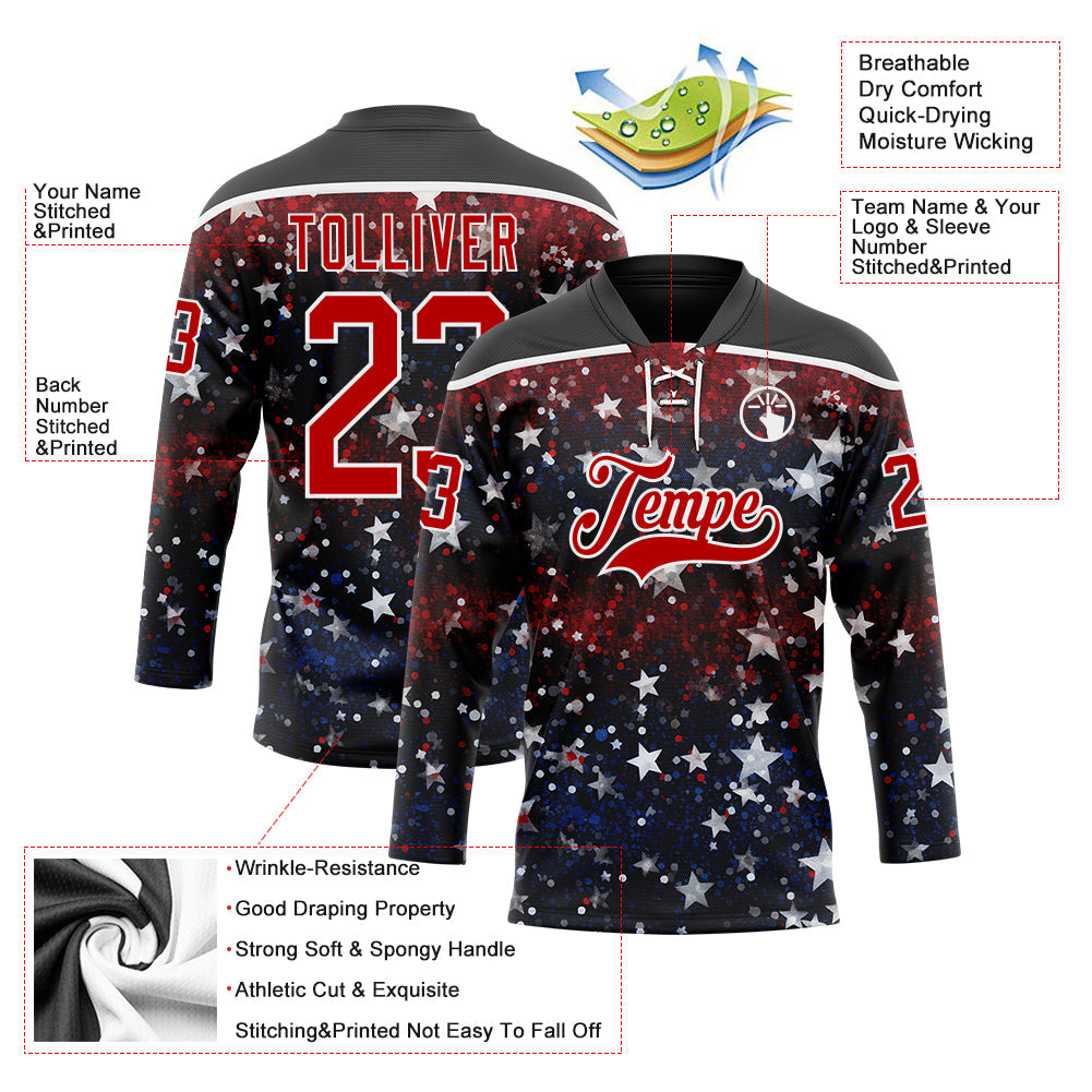 Custom Black Red-White American Flag Hockey Lace Neck Jersey view 5