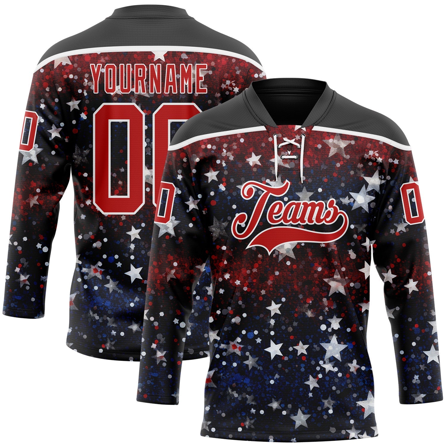 Custom Black Red-White American Flag Hockey Lace Neck Jersey - Main View