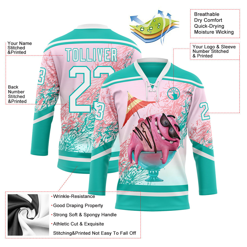 Custom Aqua White-Pink Foodie Funny Ice Cream Hockey Lace Neck Jersey view 4