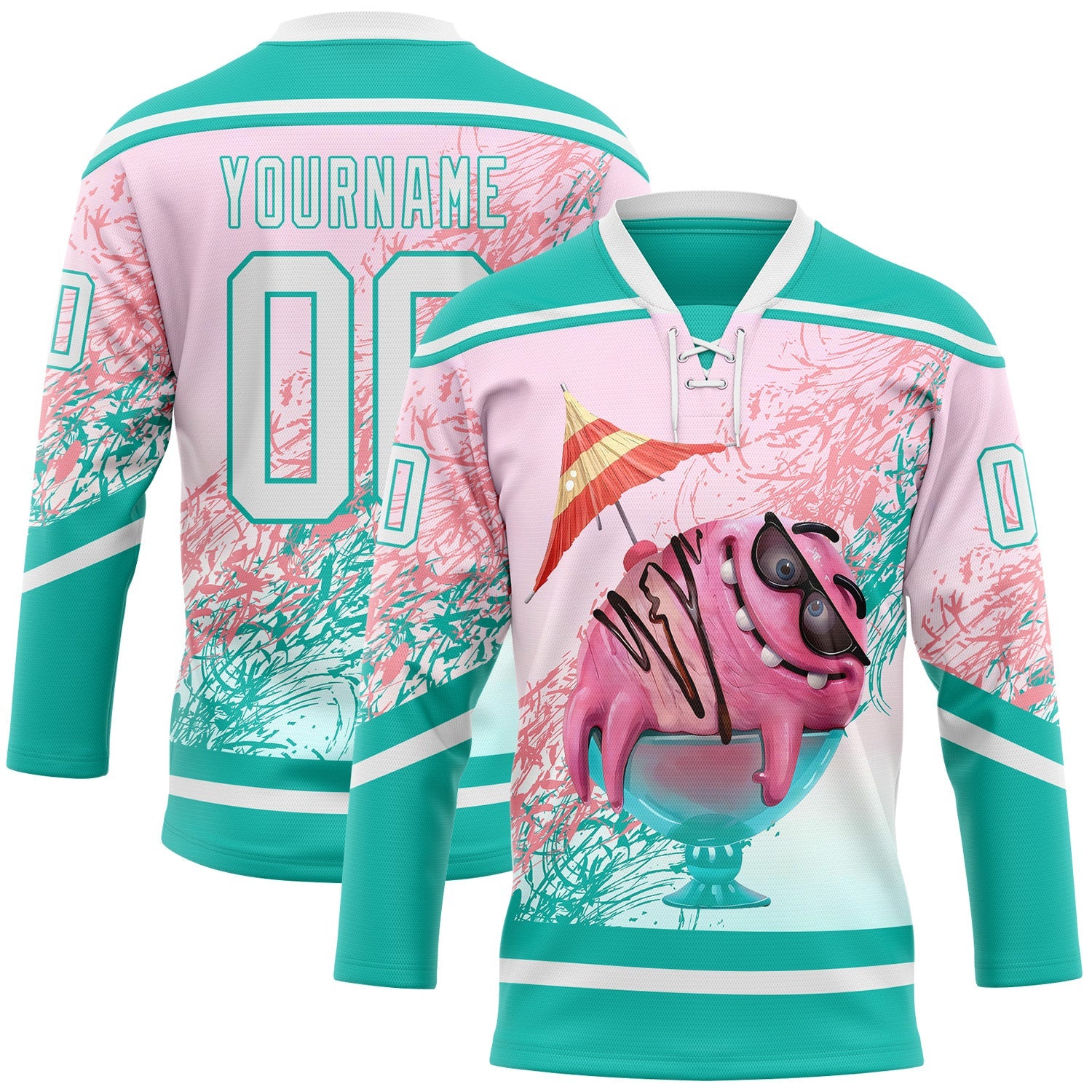 Custom Aqua White-Pink Foodie Funny Ice Cream Hockey Lace Neck Jersey - Main View