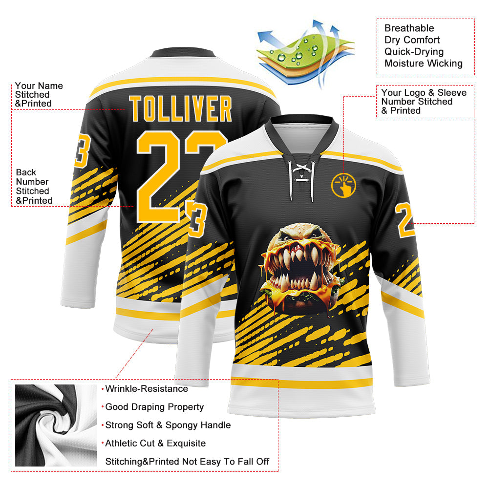 Custom Black Yellow-White Foodie Funny Hamberger Hockey Lace Neck Jersey view 4