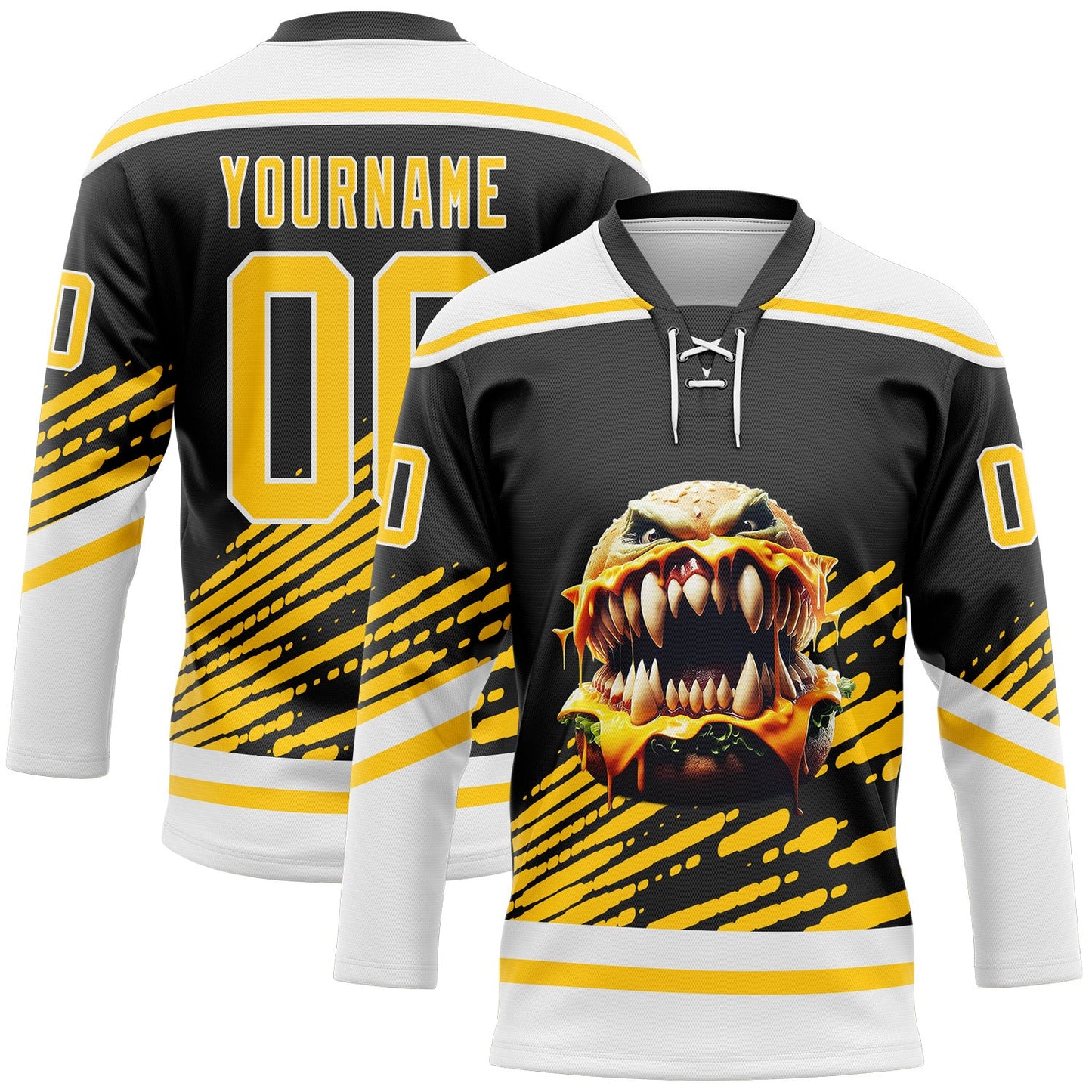 Custom Black Yellow-White Foodie Funny Hamberger Hockey Lace Neck Jersey - Main View