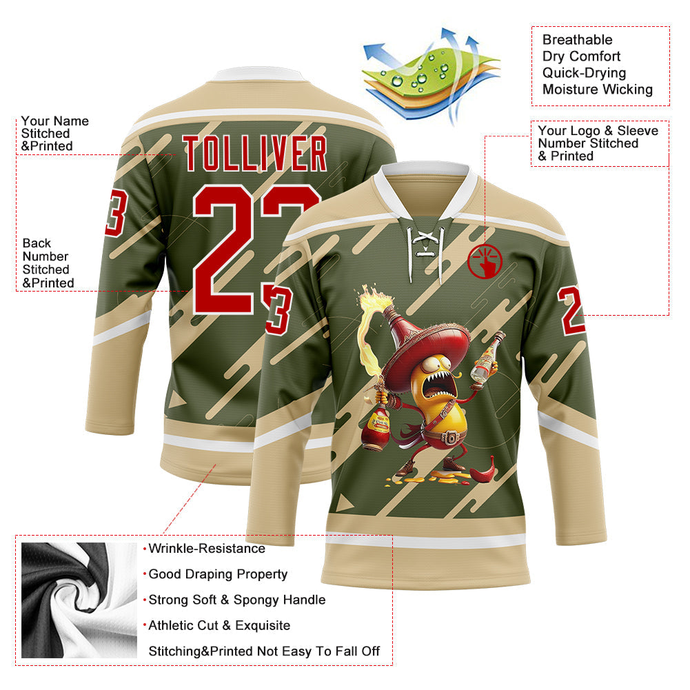 Custom Olive Red Vegas Gold-White Foodie Funny Hot Sauce Chili Hockey Lace Neck Jersey view 4