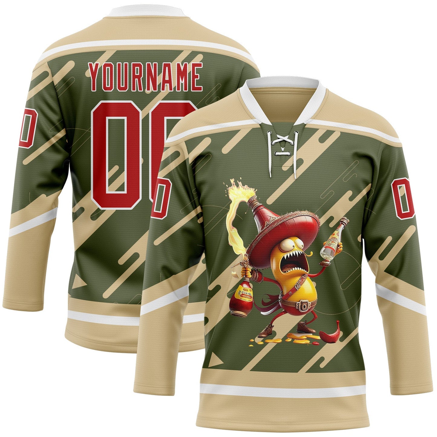 Custom Olive Red Vegas Gold-White Foodie Funny Hot Sauce Chili Hockey Lace Neck Jersey - Main View