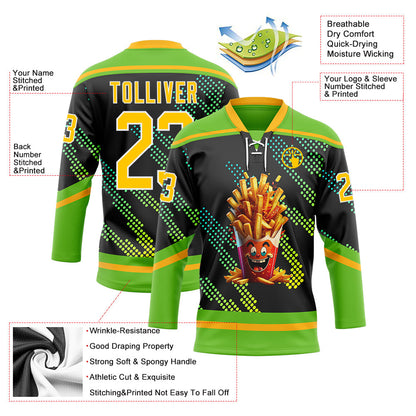 Custom Aurora Green Gold Black-White Foodie Funny Fries Hockey Lace Neck Jersey view 4