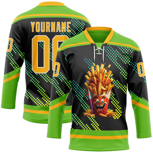 Custom Aurora Green Gold Black-White Foodie Funny Fries Hockey Lace Neck Jersey - Main View