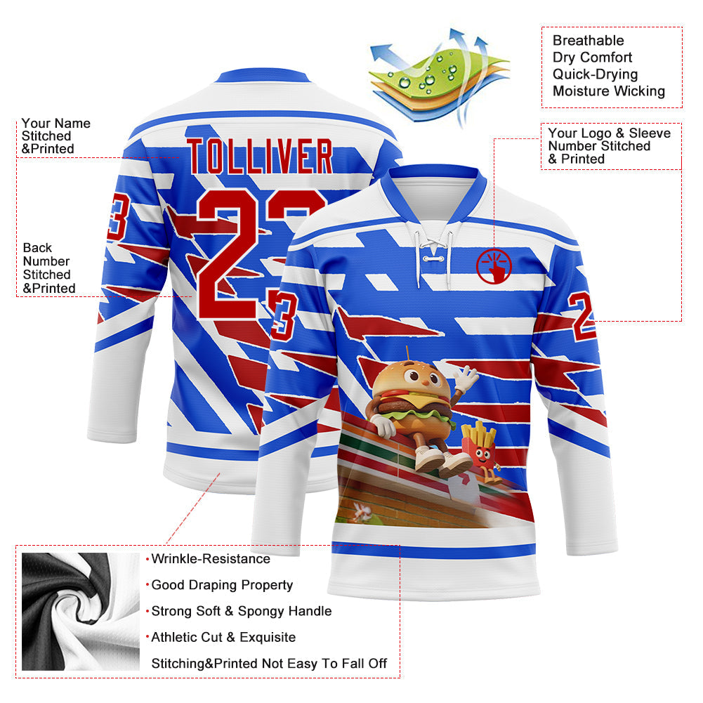Custom White Red-Thunder Blue Foodie Funny Hamberger Fries Hockey Lace Neck Jersey view 4