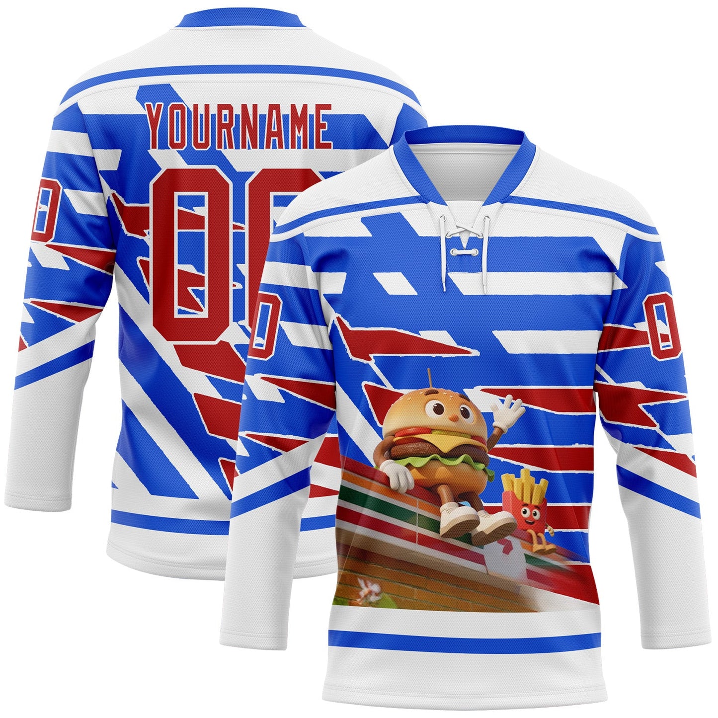 Custom White Red-Thunder Blue Foodie Funny Hamberger Fries Hockey Lace Neck Jersey - Main View