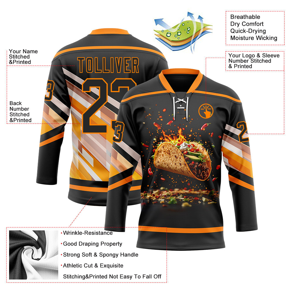 Custom Black Bay Orange-White Foodie Funny Tacos Hockey Lace Neck Jersey view 4