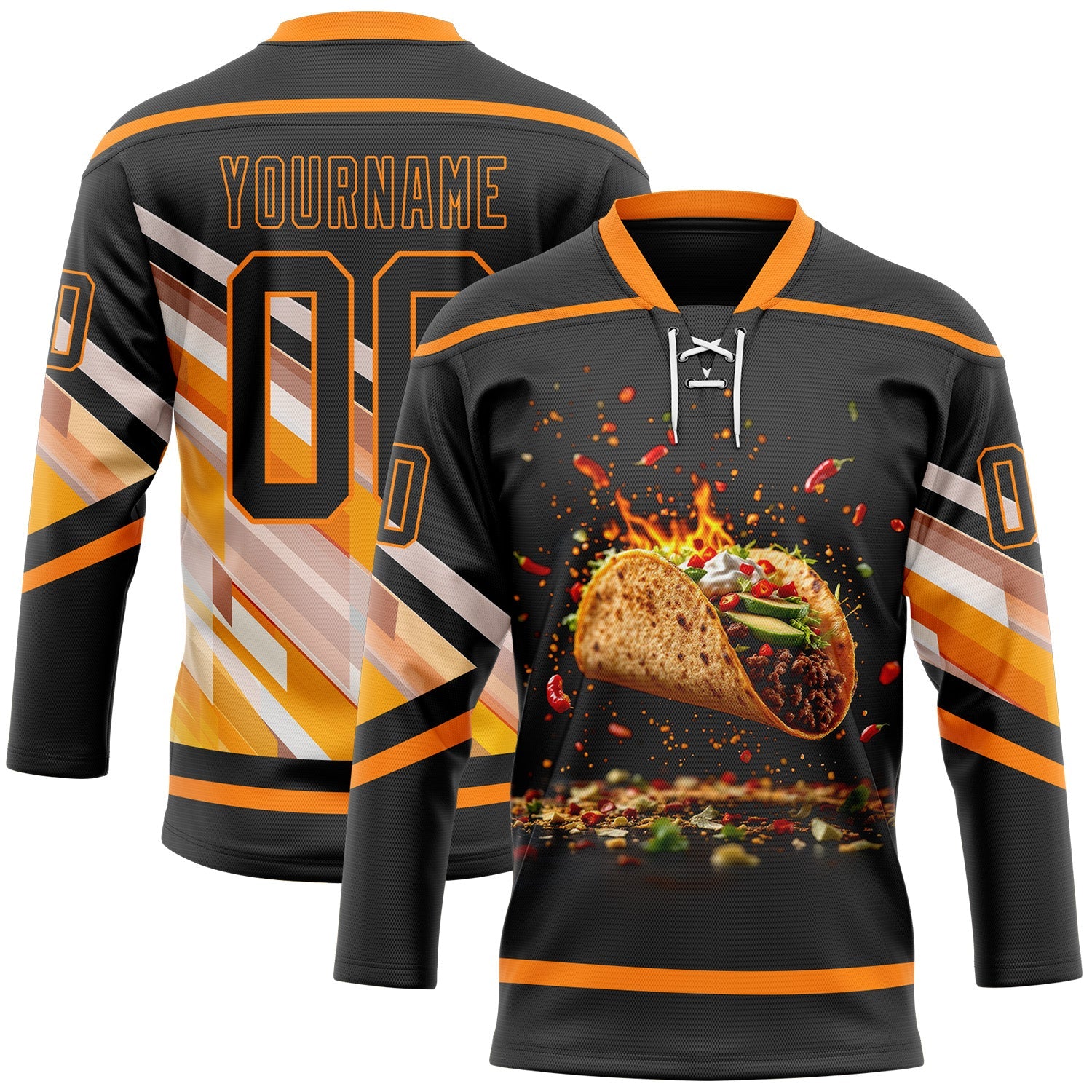 Custom Black Bay Orange-White Foodie Funny Tacos Hockey Lace Neck Jersey - Main View