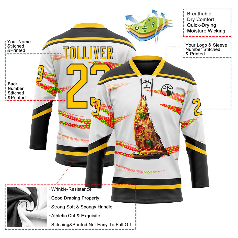 Custom White Yellow-Black Foodie Funny Pizza Hockey Lace Neck Jersey view 4