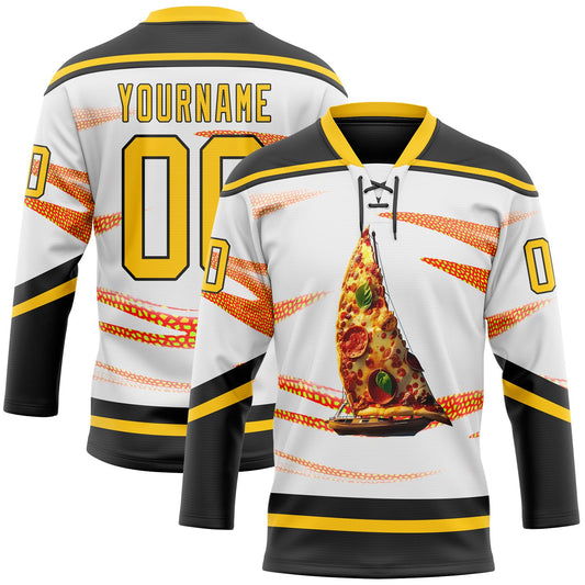 Custom White Yellow-Black Foodie Funny Pizza Hockey Lace Neck Jersey - Main View