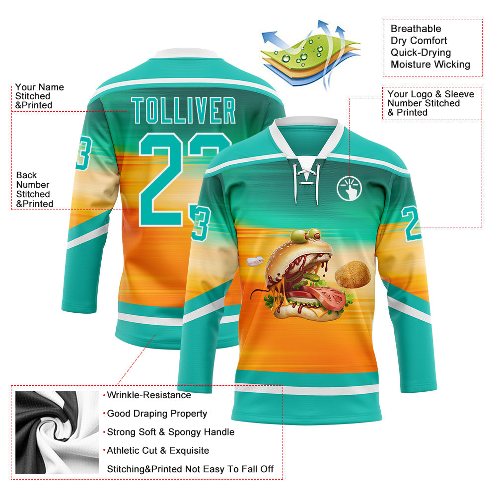 Custom Green Aqua Yellow-White Foodie Funny Hamberger Hockey Lace Neck Jersey view 4
