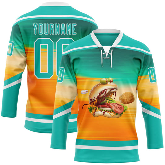 Custom Green Aqua Yellow-White Foodie Funny Hamberger Hockey Lace Neck Jersey - Main View