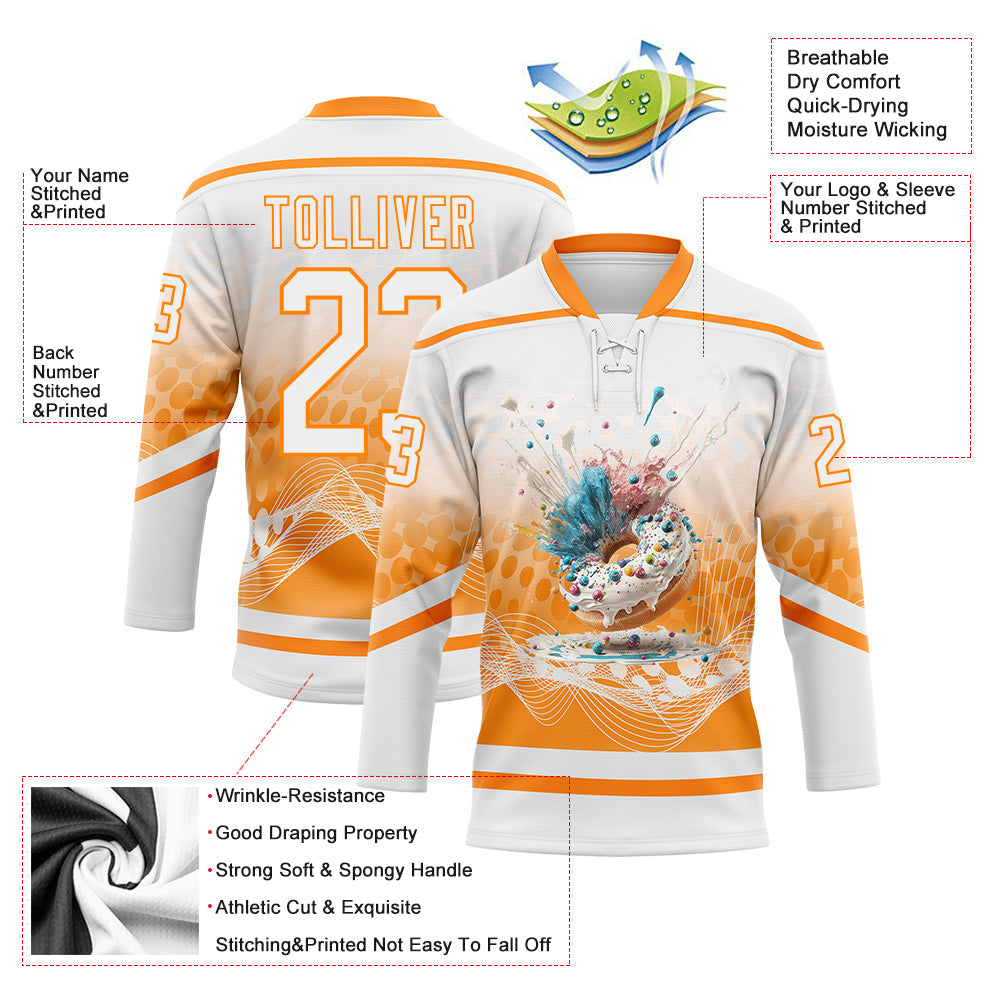 Custom White Bay Orange Foodie Funny Donuts Hockey Lace Neck Jersey view 4