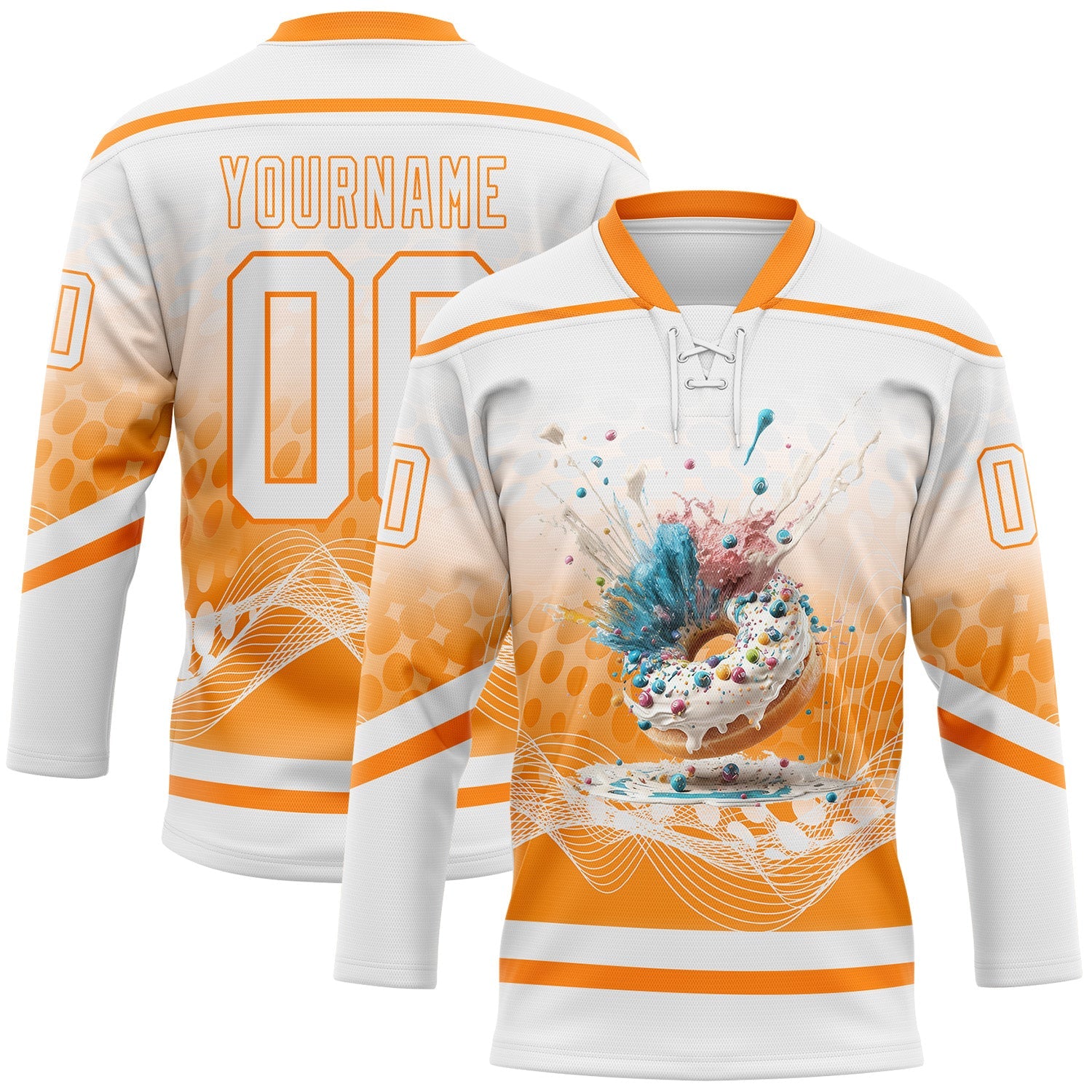 Custom White Bay Orange Foodie Funny Donuts Hockey Lace Neck Jersey - Main View