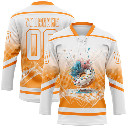 Custom White Bay Orange Foodie Funny Donuts Hockey Lace Neck Jersey - Main View