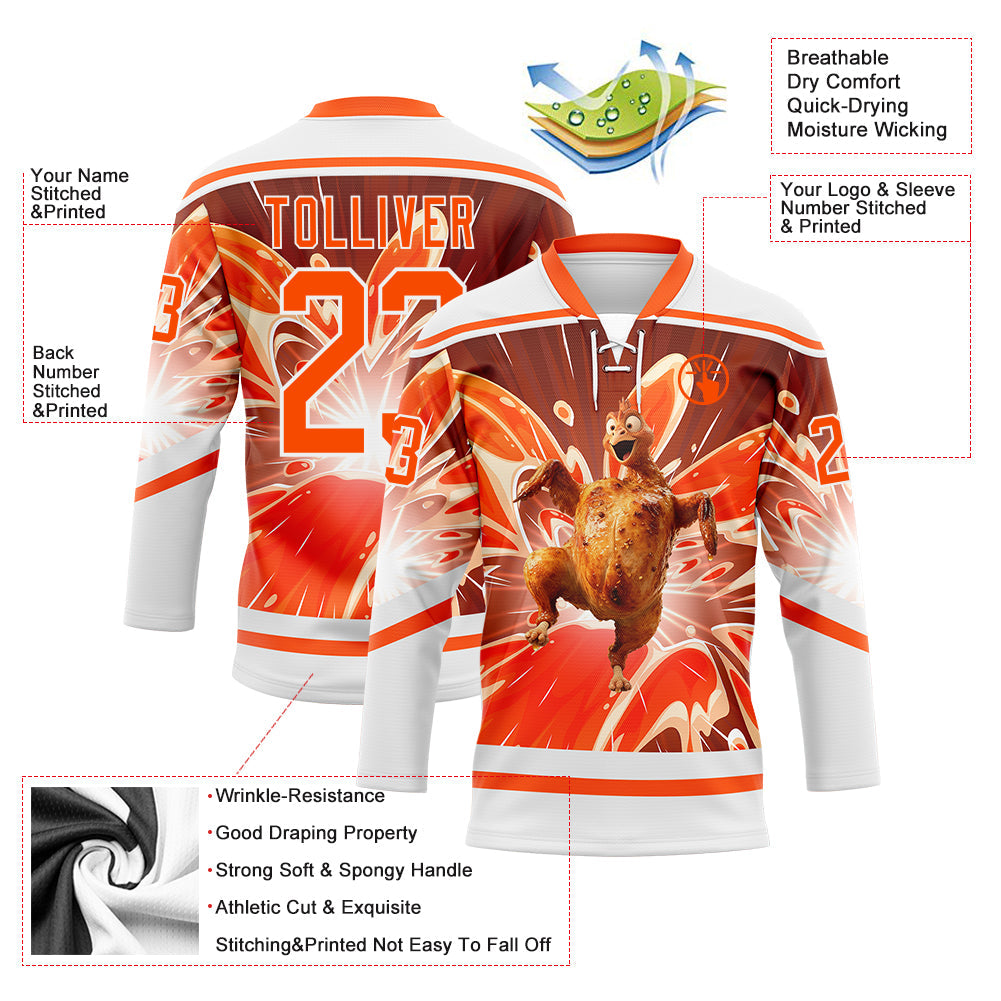 Custom White Orange Foodie Funny Thanksgiving Turkey Hockey Lace Neck Jersey view 4