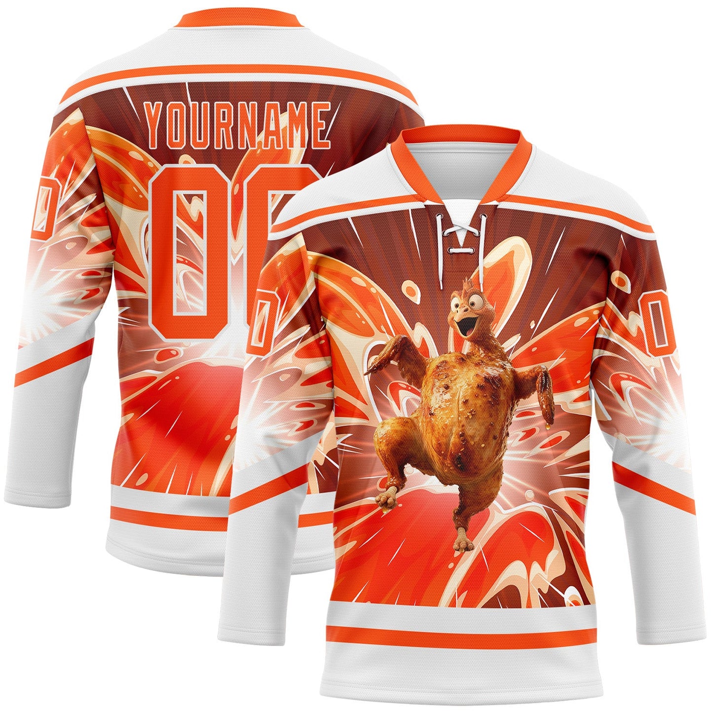 Custom White Orange Foodie Funny Thanksgiving Turkey Hockey Lace Neck Jersey - Main View