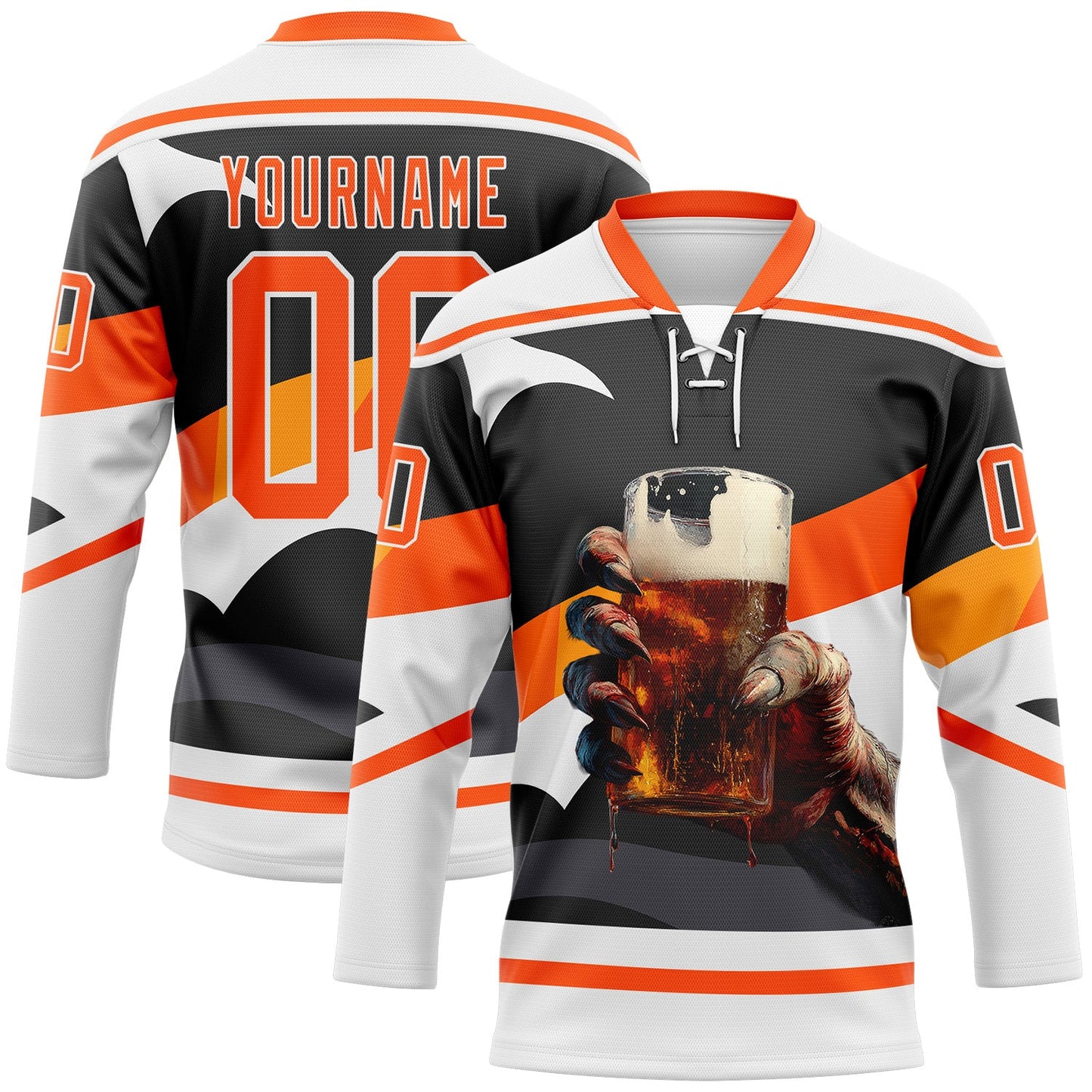 Custom Black Orange-White Foodie Funny Cola Hockey Lace Neck Jersey - Main View