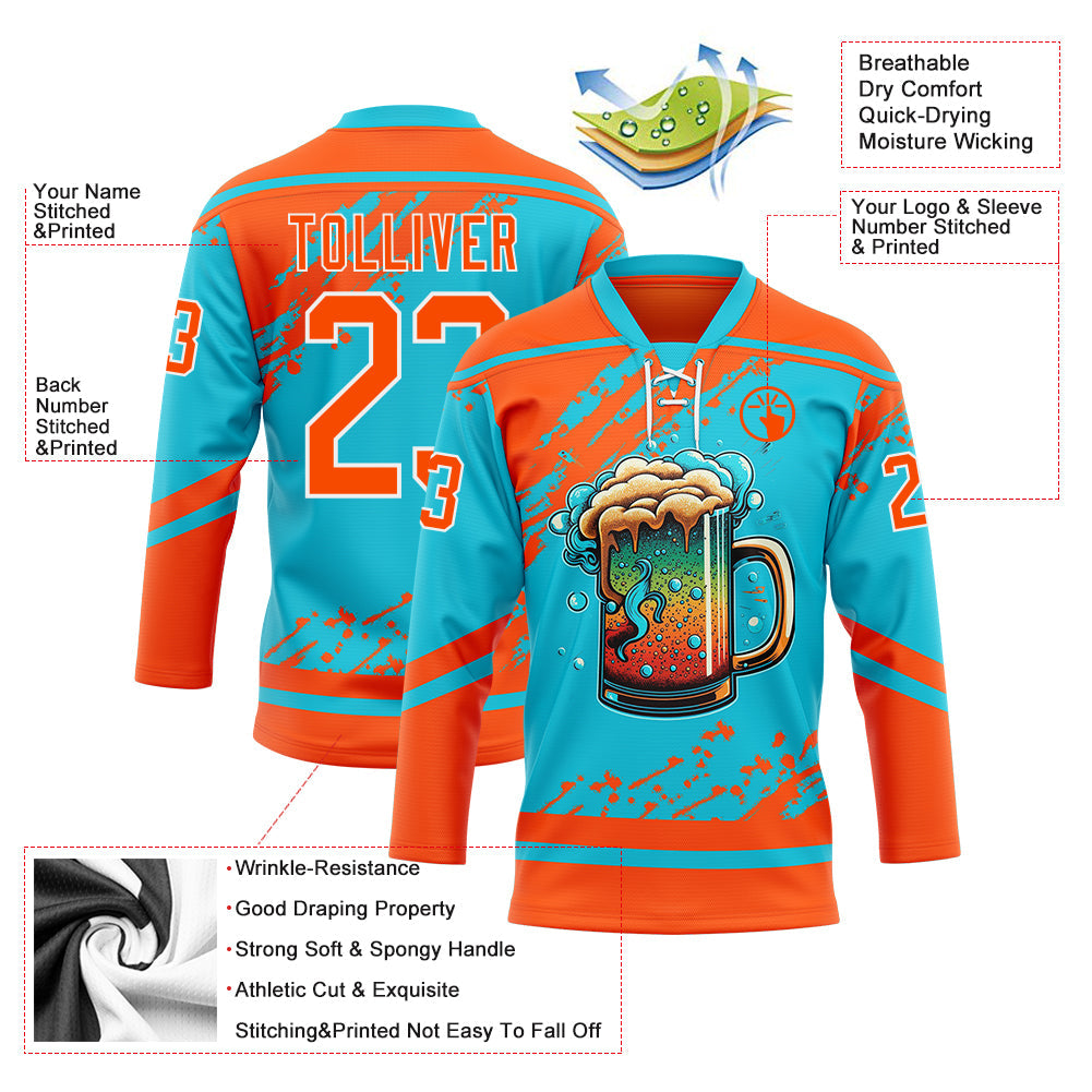 Custom Lakes Blue Orange-White Foodie Funny Beer Hockey Lace Neck Jersey view 4