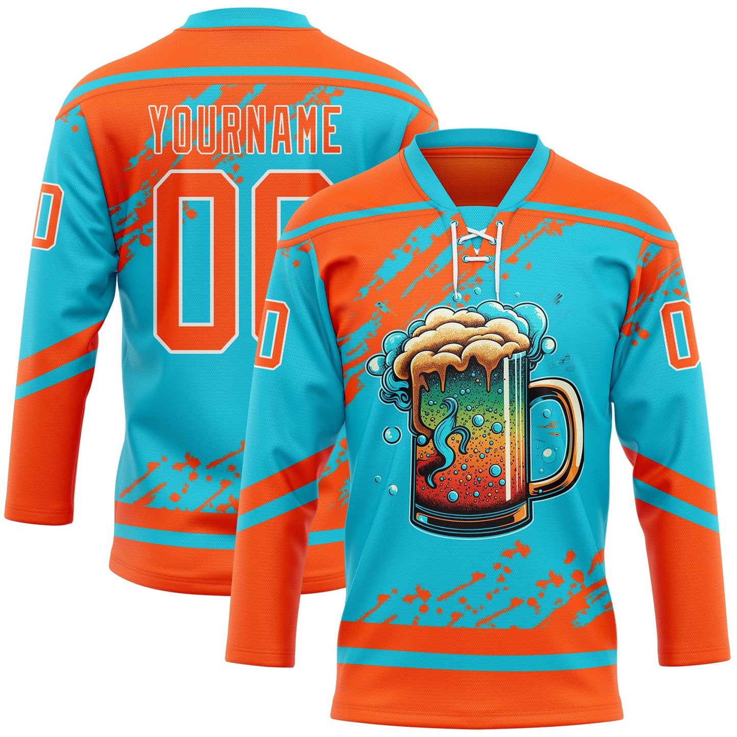 Custom Lakes Blue Orange-White Foodie Funny Beer Hockey Lace Neck Jersey - Main View