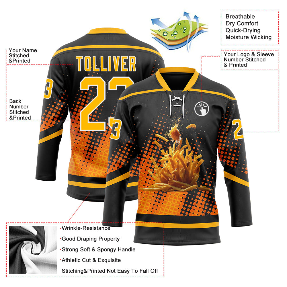 Custom Black Gold-White Foodie Funny Fries Hockey Lace Neck Jersey view 4