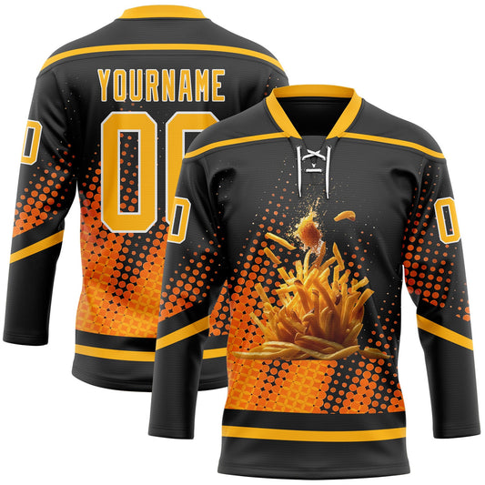 Custom Black Gold-White Foodie Funny Fries Hockey Lace Neck Jersey - Main View