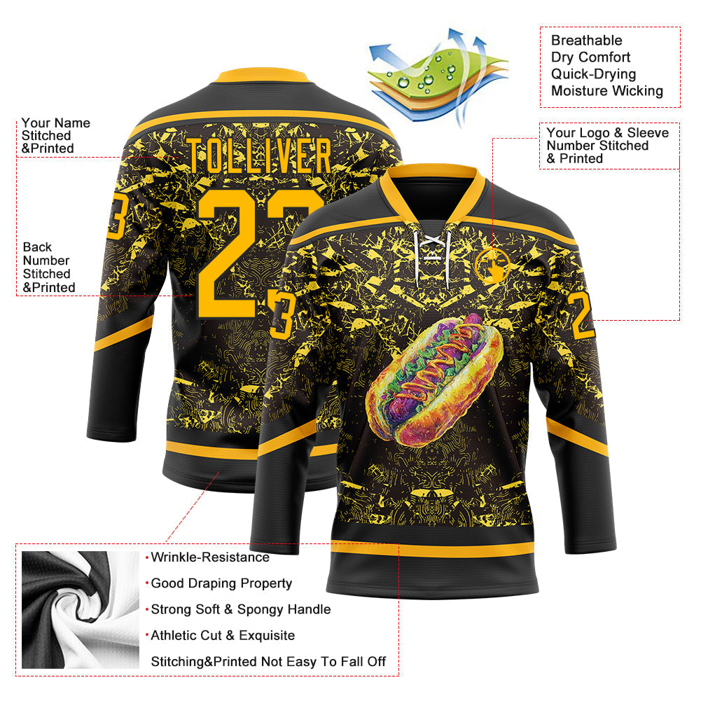 Custom Black Gold-White Foodie Funny Hot Dog Hockey Lace Neck Jersey view 4