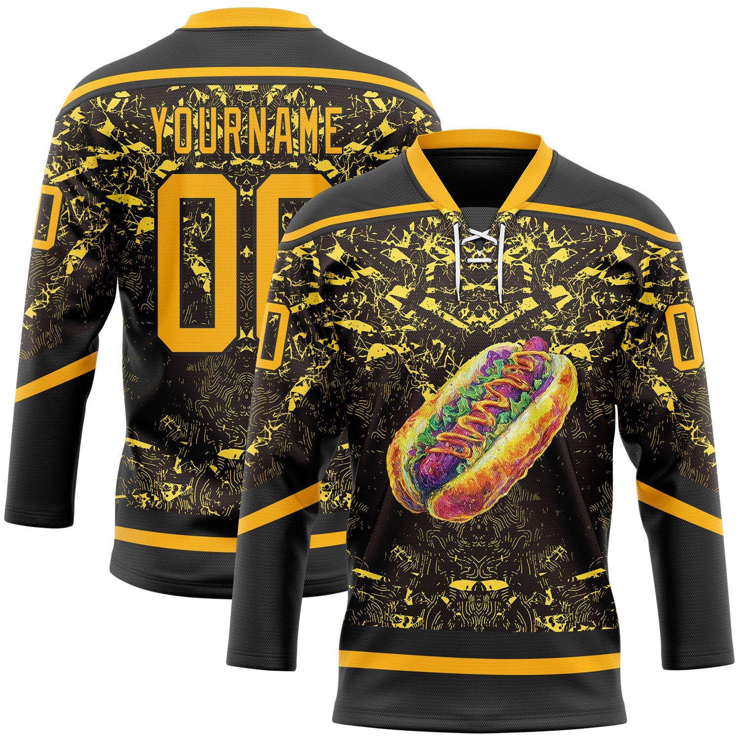 Custom Black Gold-White Foodie Funny Hot Dog Hockey Lace Neck Jersey - Main View