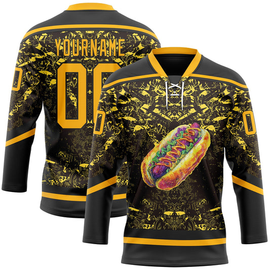 Custom Black Gold-White Foodie Funny Hot Dog Hockey Lace Neck Jersey - Main View
