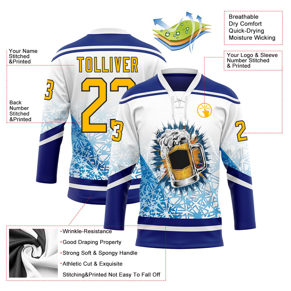 Custom Royal Gold Black-White Foodie Funny Beer Hockey Lace Neck Jersey view 4