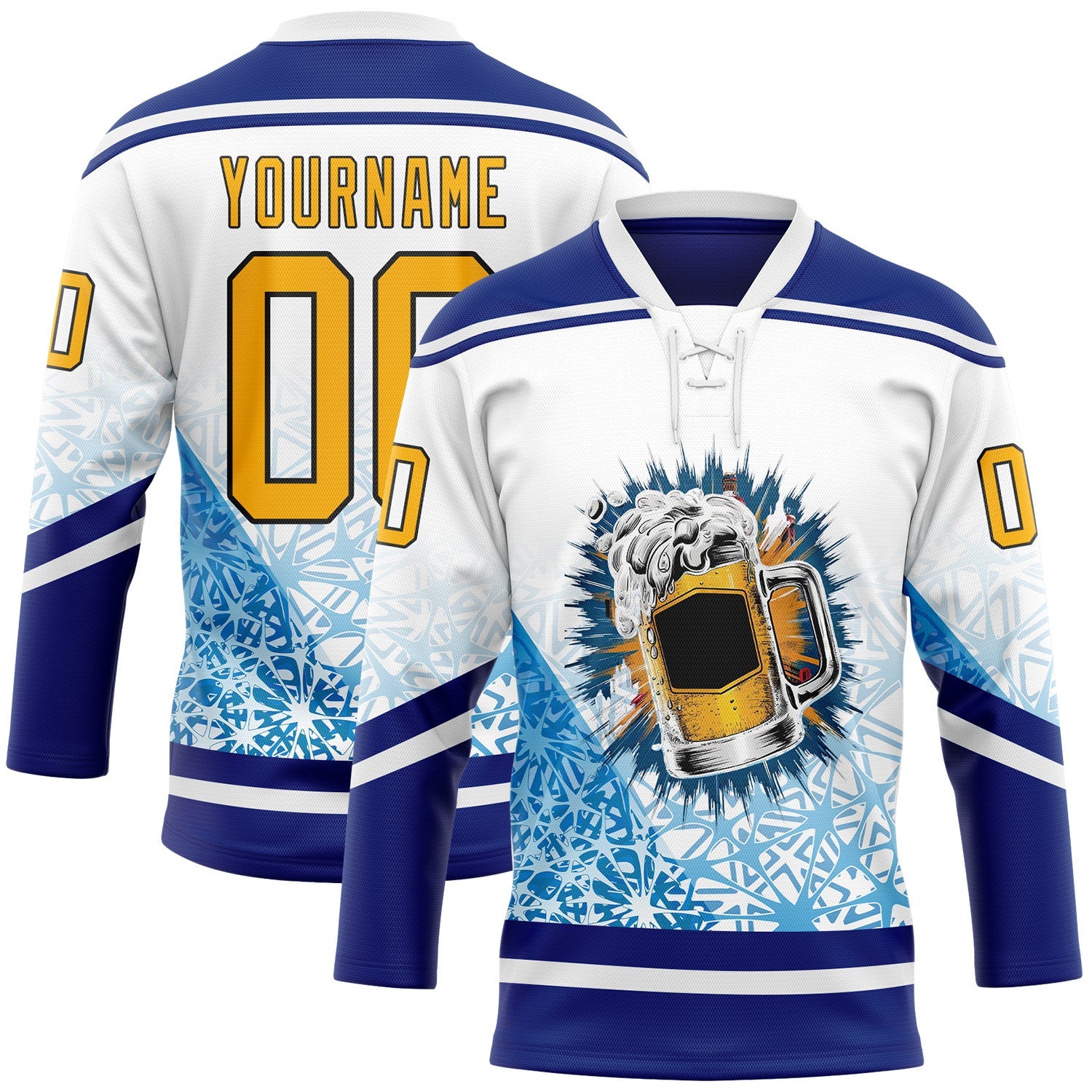 Custom Royal Gold Black-White Foodie Funny Beer Hockey Lace Neck Jersey - Main View