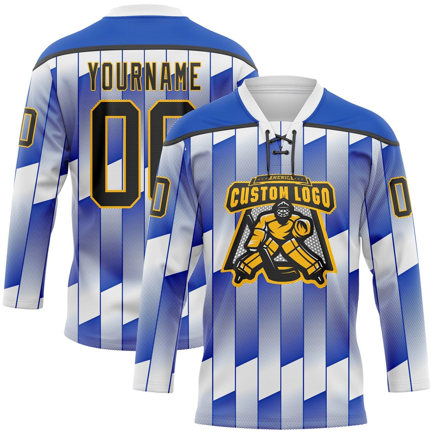 Custom White Black Thunder Blue-Gold Stripe Gradient Hockey Lace Neck Jersey view 2
