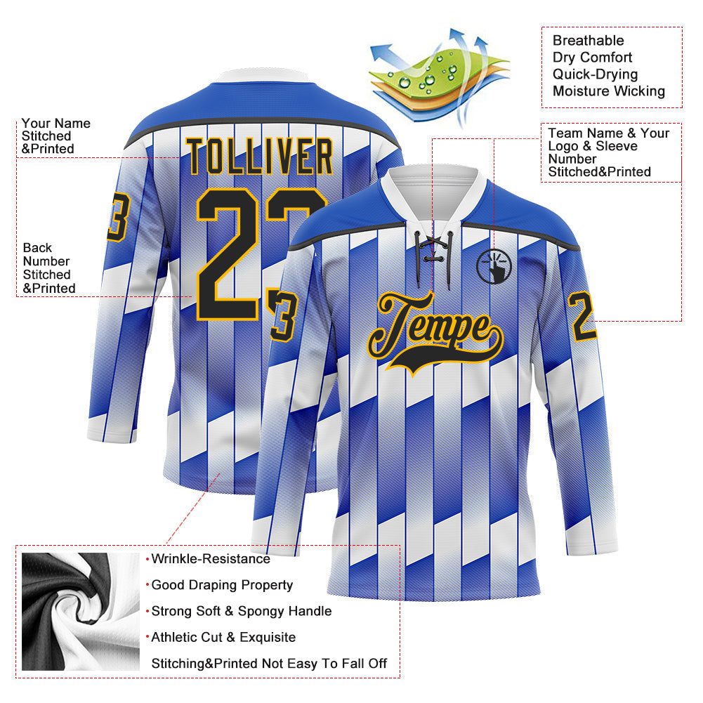 Custom White Black Thunder Blue-Gold Stripe Gradient Hockey Lace Neck Jersey view 5