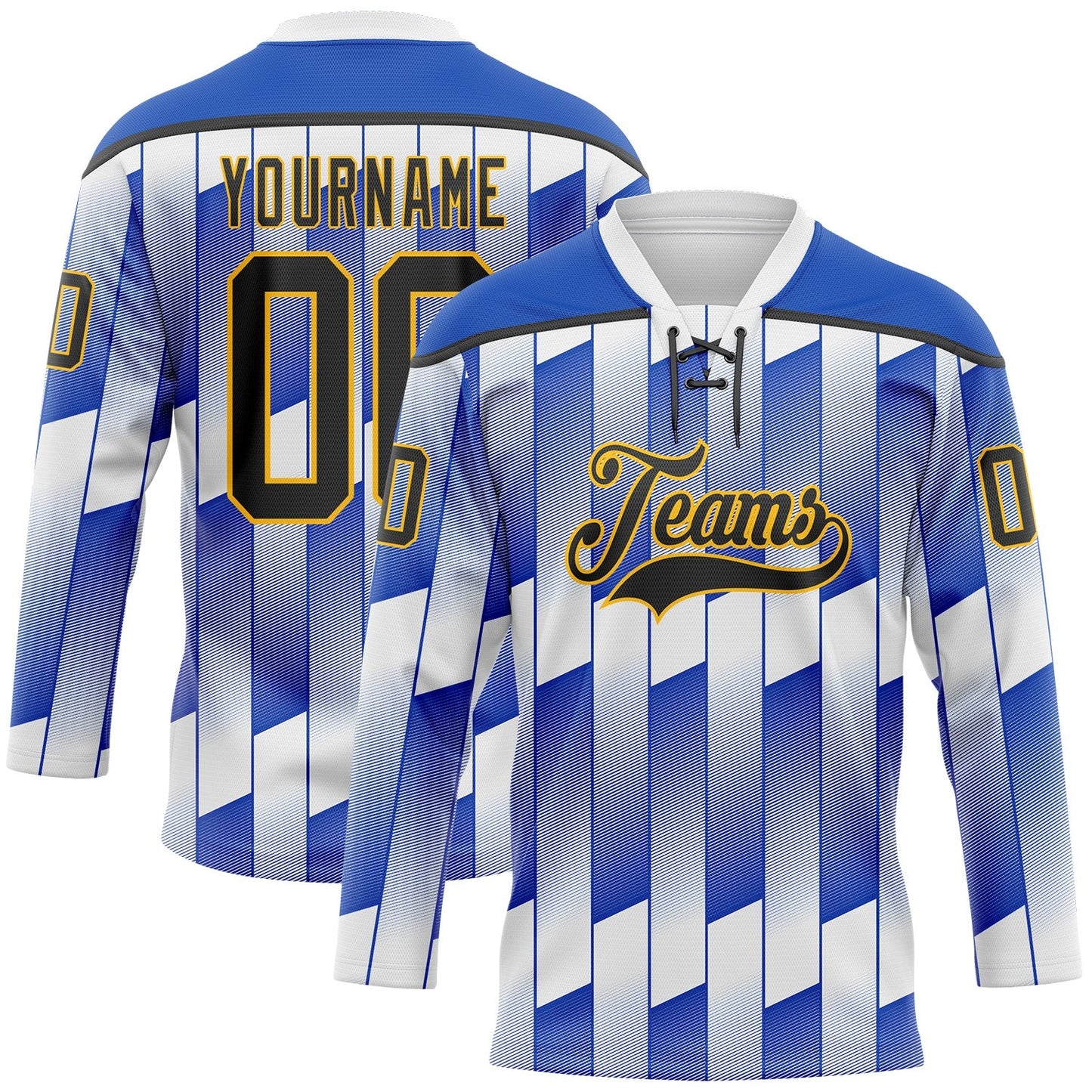 Custom White Black Thunder Blue-Gold Stripe Gradient Hockey Lace Neck Jersey - Main View